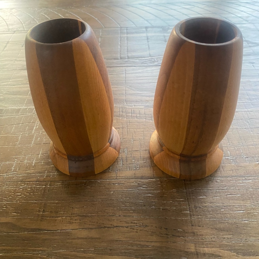 Vintage MCM Turned Brown Wooden Candle Holders Rustic 5” height 1 1/2” top